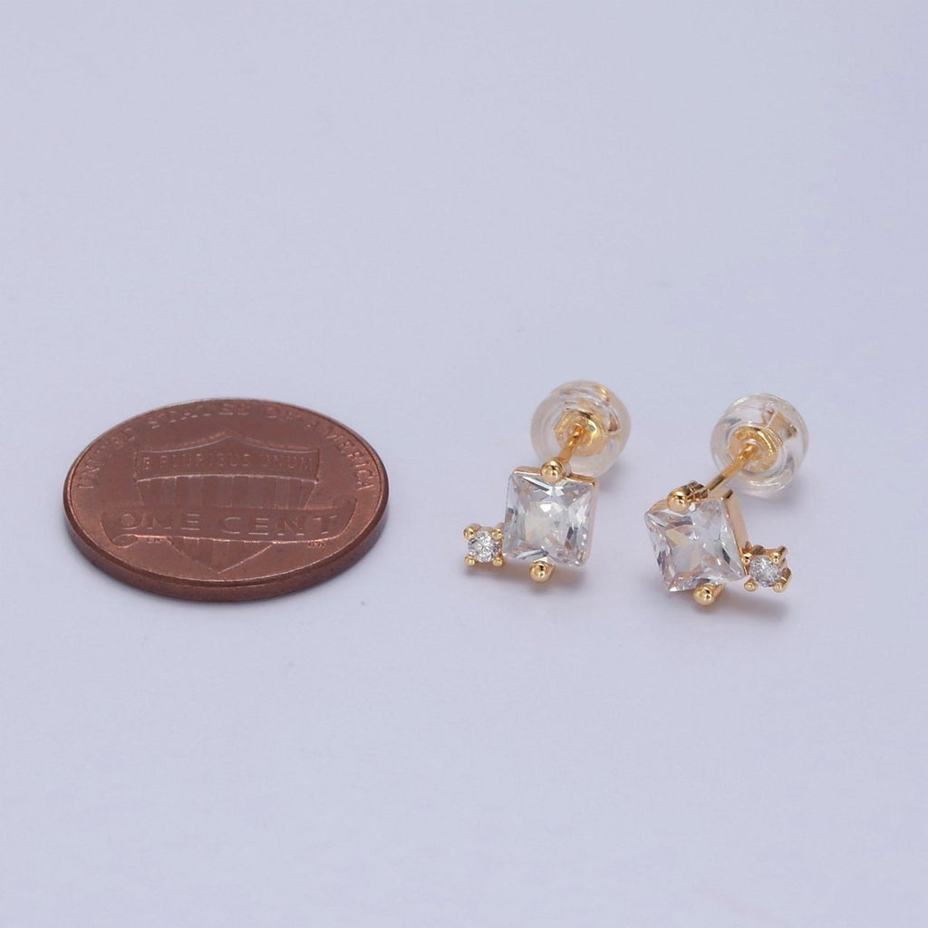 Gold Square Stud Earrings Princess Cut Cubic Zirconia Stones T-385 T-386
