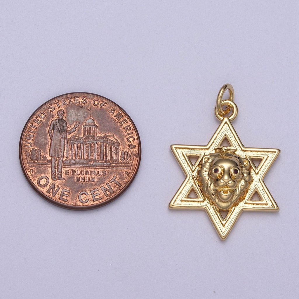 Gold Star of David Lion of Judah Pendant, Solid Magen David Jewish Star Jewelry N-340 - DLUXCA