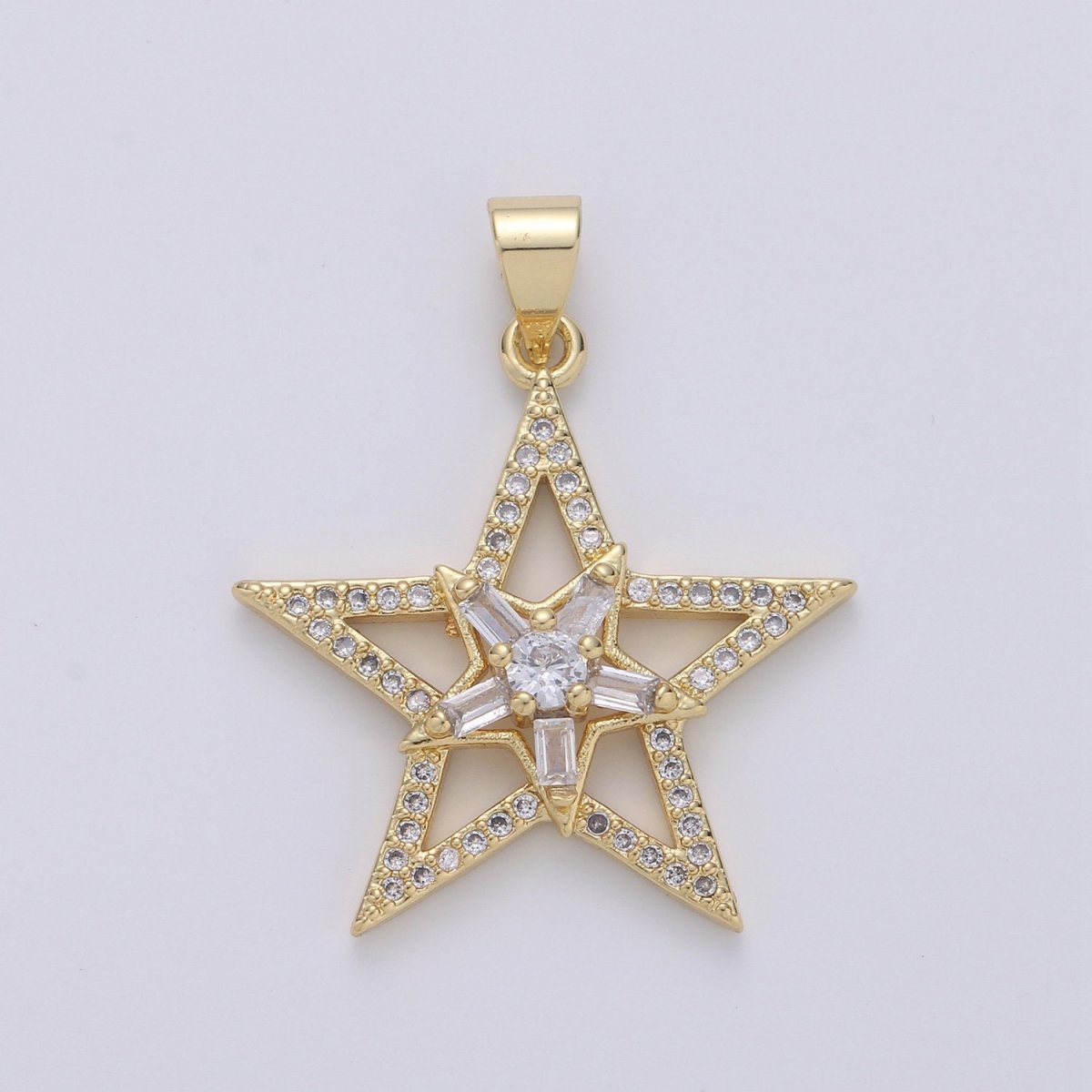 Gold Star Pendant With Baguette Stone, Five Star Charms, Women Necklaces, Star Jewelry, Celestial Jewelry for DIY Necklace 24K Gold plated I-877 - DLUXCA