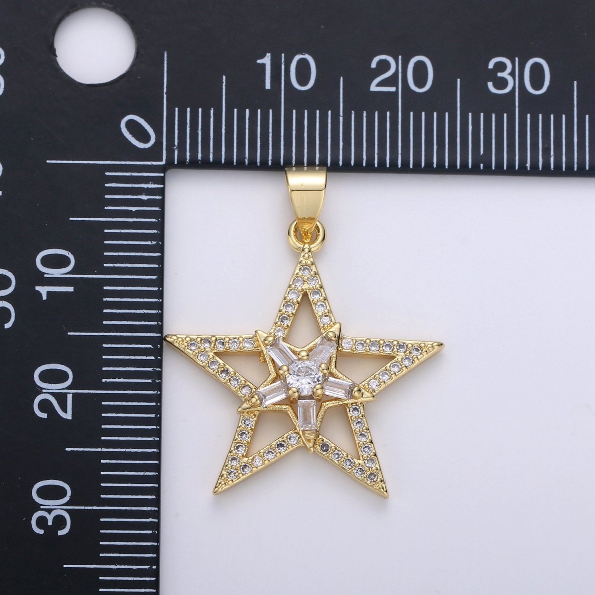 Gold Star Pendant With Baguette Stone, Five Star Charms, Women Necklaces, Star Jewelry, Celestial Jewelry for DIY Necklace 24K Gold plated I-877 - DLUXCA