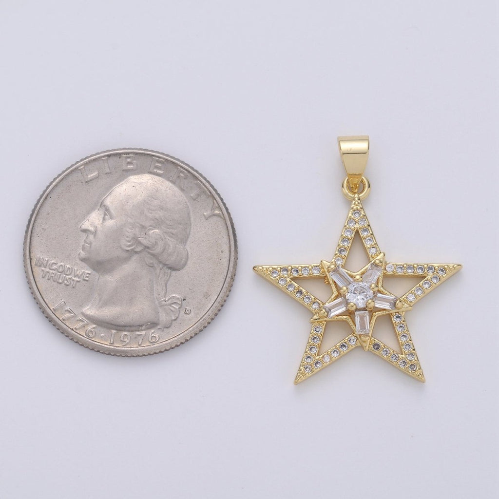Gold Star Pendant With Baguette Stone, Five Star Charms, Women Necklaces, Star Jewelry, Celestial Jewelry for DIY Necklace 24K Gold plated I-877 - DLUXCA