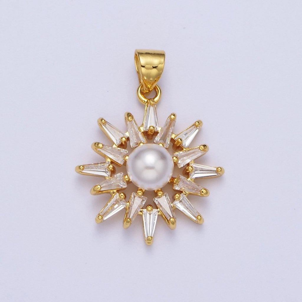 Gold Sun Pendant With Clear Marquise Stone and Pearl Charm for Necklace Pendant X-686 - DLUXCA