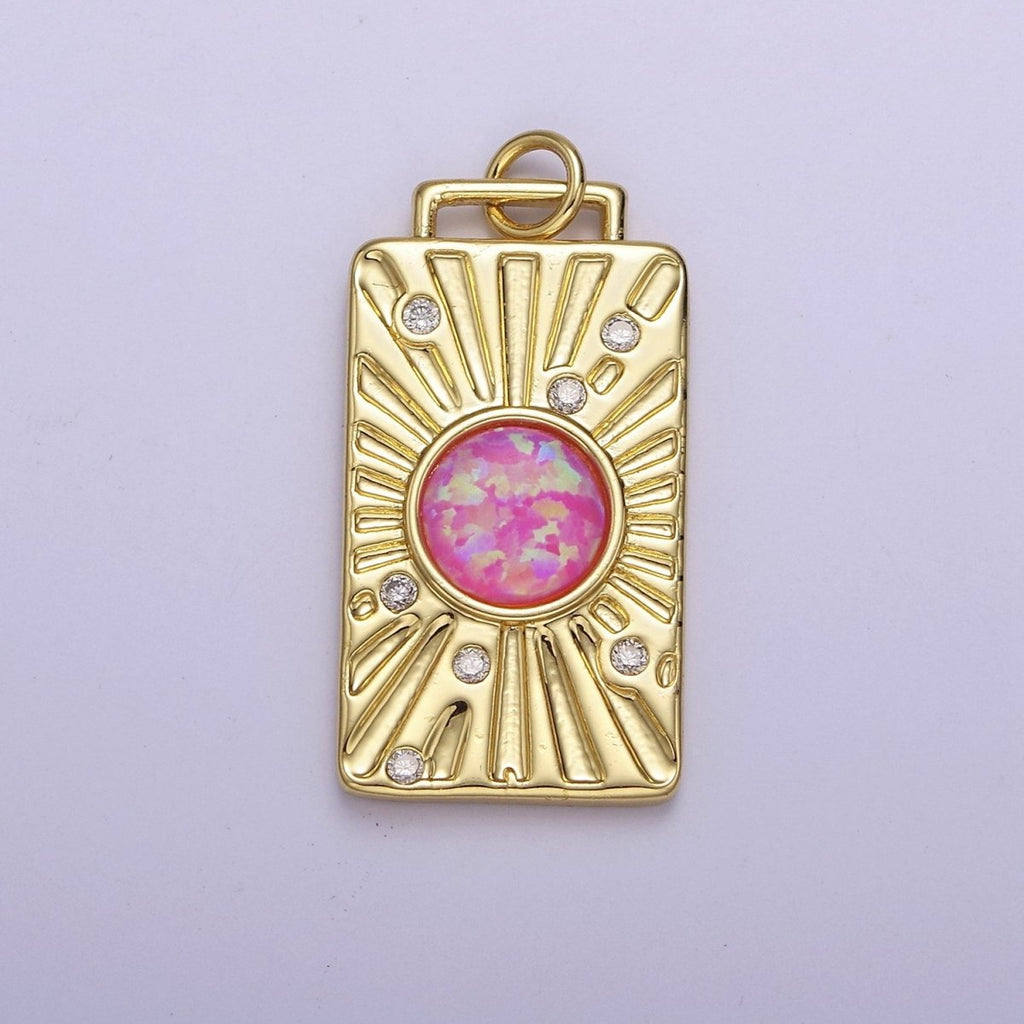 Gold Tag Opal Sunburst Charm Clear Pink Blue Opal Medallion Charm Pendant E-707 E-671 E-670