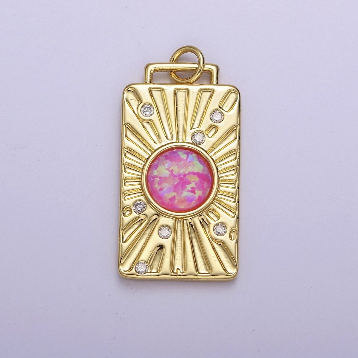 Gold Tag Opal Sunburst Charm Clear Pink Blue Opal Medallion Charm Pendant E-707 E-671 E-670
