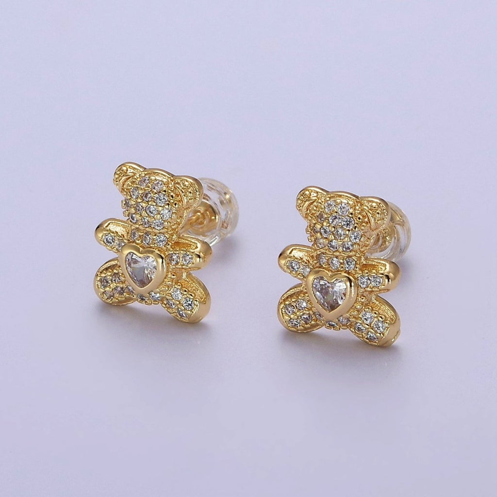 Gold Teddy Bear Stud Earring CZ Woman Kids Girl Earring Gold Stud V-118 - DLUXCA