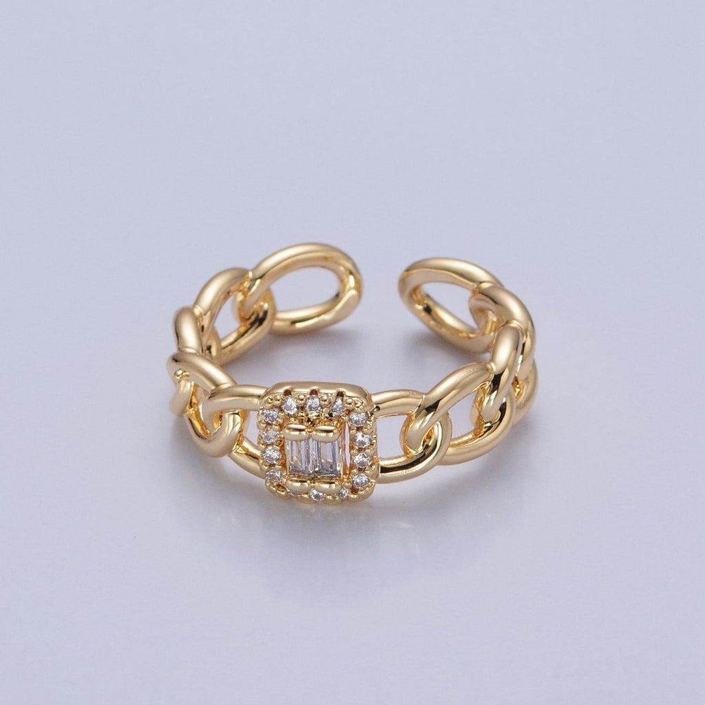 Gold Tiny Baguette Square Ring with Curb Chain Link Band O-2283 - DLUXCA