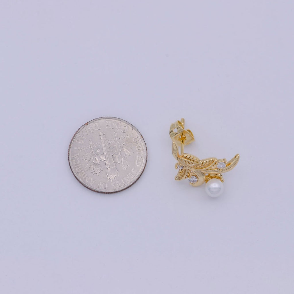 Gold Tree Branch Leaf Stud earrings • Pearl Earrings Jewelry T-357 - DLUXCA