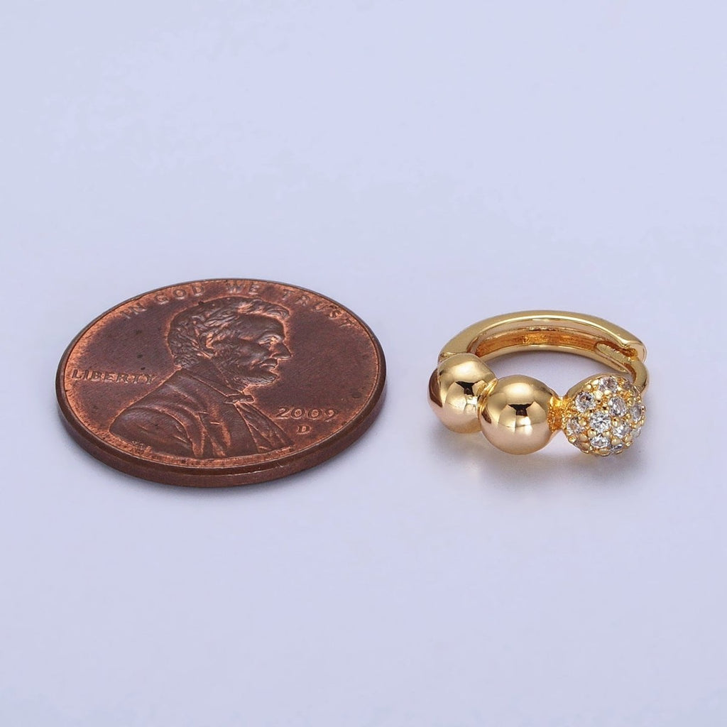 Gold Triple Rounded Beaded Bubble Ball Micro Paved CZ 14mm Huggie Earrings | AB050 - DLUXCA