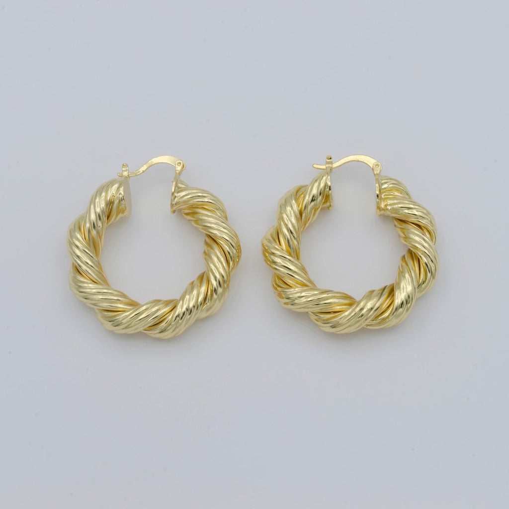Gold Twisted Hoop Round Earrings, Plain Gold plated Geometric Daily Earring Jewelry P-106 - DLUXCA