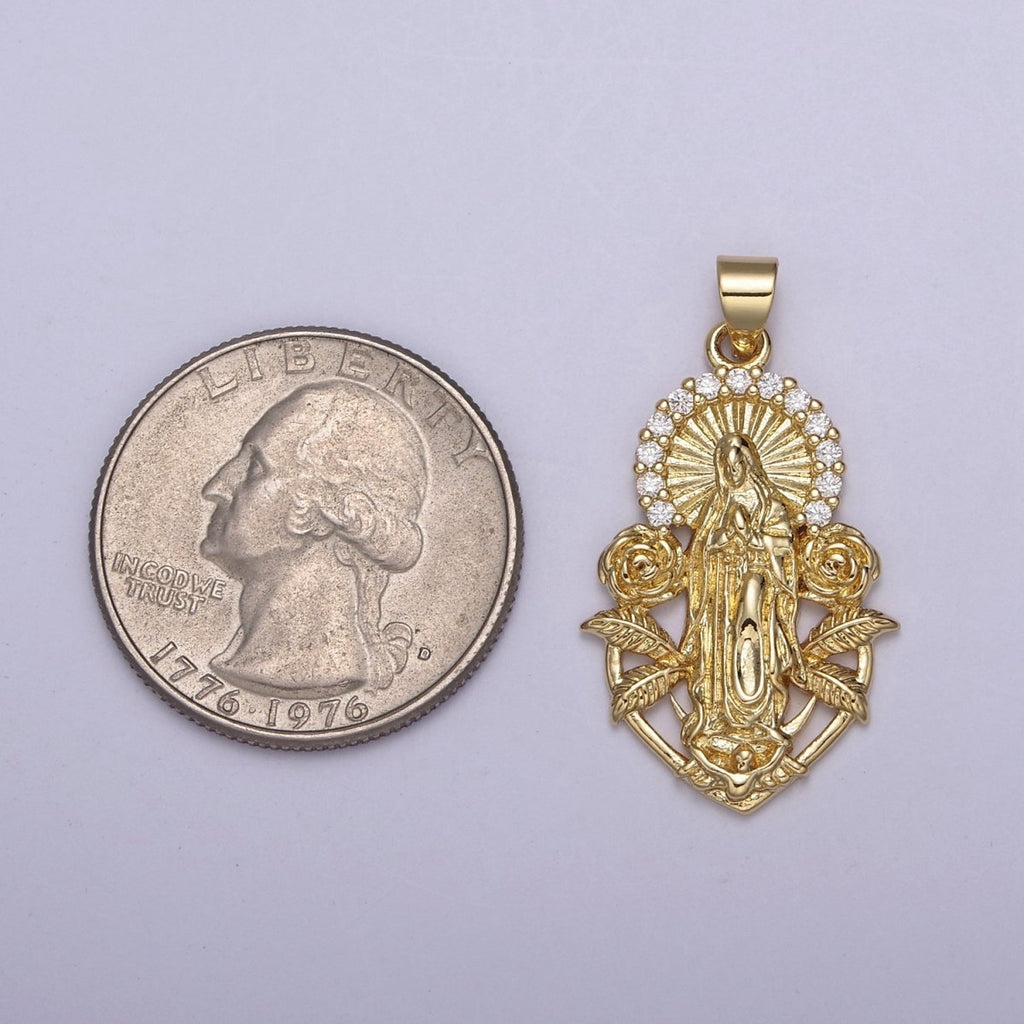 Gold Virgin Mary Our Lady Of Guadalupe Divine Mercy Rose Flower Medallion Pendant for Necklace Making Supply H-800 - DLUXCA