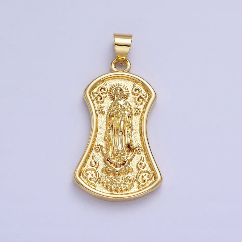 Gold Virgin Mother Mary Geometric Textured Curved Religious Pendant | AA233 - DLUXCA