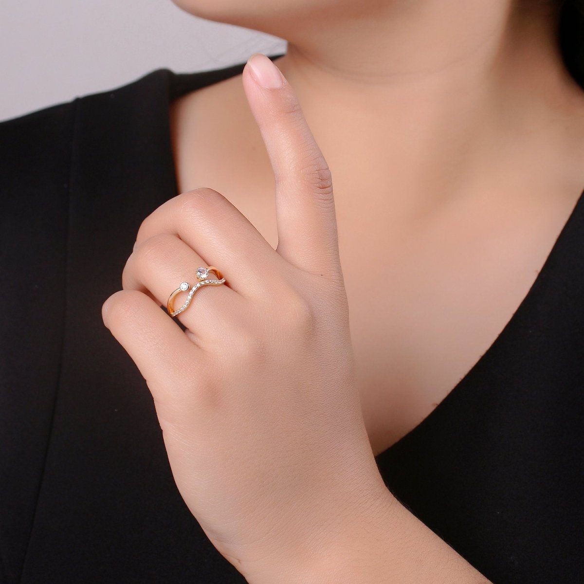 Gold wave ring, Micro Pave Open Ring Gold Vermeil ring, Dainty wave ring Micro Pave Stacking rings, Cz gold wave R-148 - DLUXCA