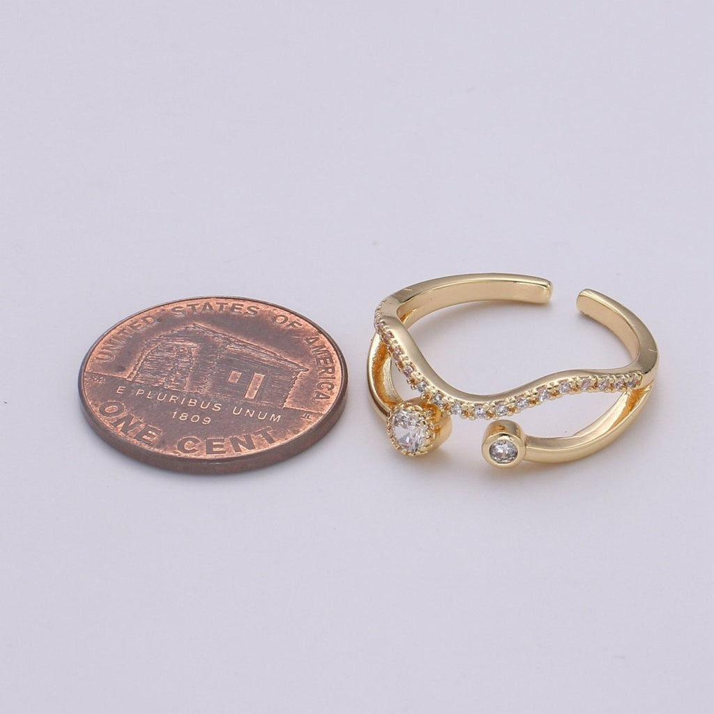 Gold wave ring, Micro Pave Open Ring Gold Vermeil ring, Dainty wave ring Micro Pave Stacking rings, Cz gold wave R-148 - DLUXCA