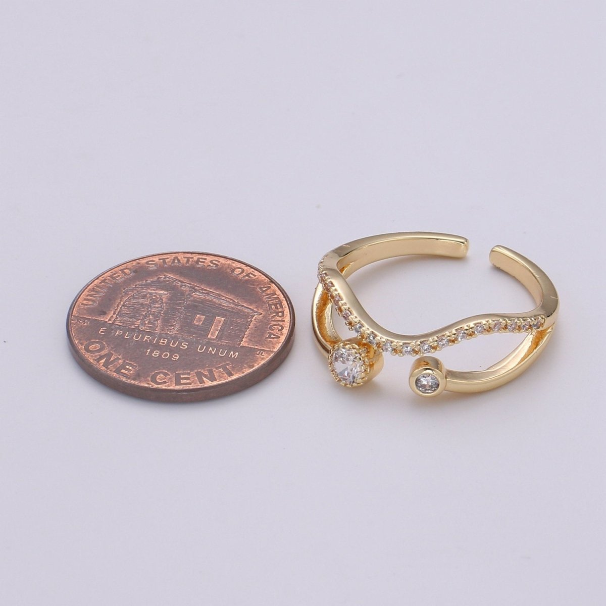 Gold wave ring, Micro Pave Open Ring Gold Vermeil ring, Dainty wave ring Micro Pave Stacking rings, Cz gold wave R-148 - DLUXCA