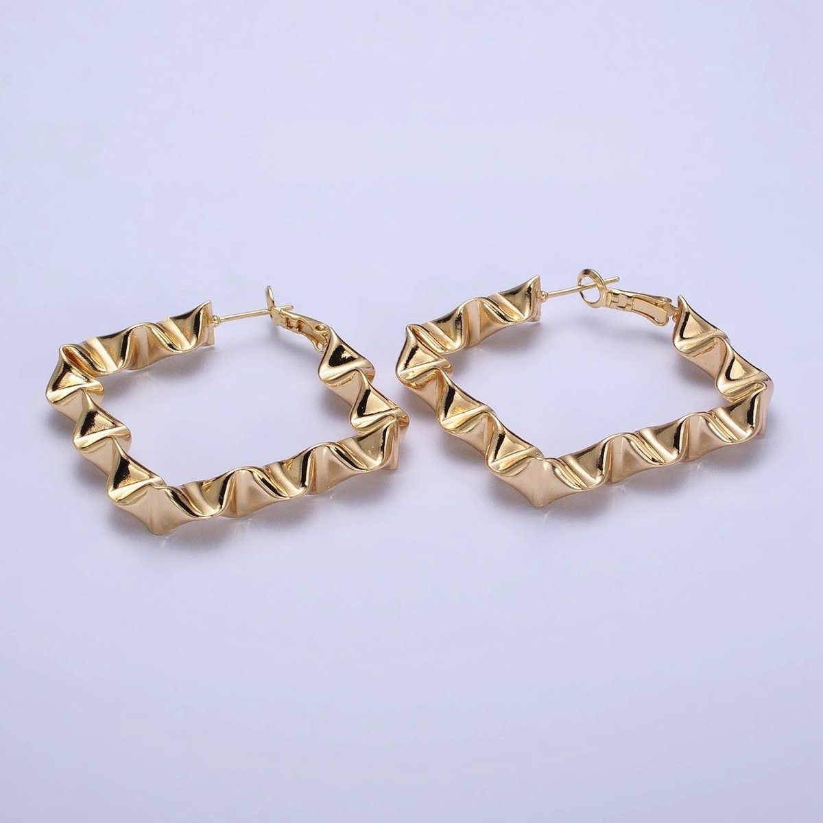 Gold Wavy Rhombus Hoops Lever Back Hoops Statement Gold Hoops 16K Gold plated Earring 41mm AD996 AD997
