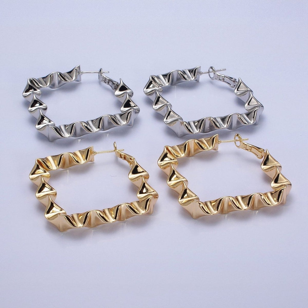 Gold Wavy Rhombus Hoops Lever Back Hoops Statement Gold Hoops 16K Gold plated Earring 41mm AD996 AD997