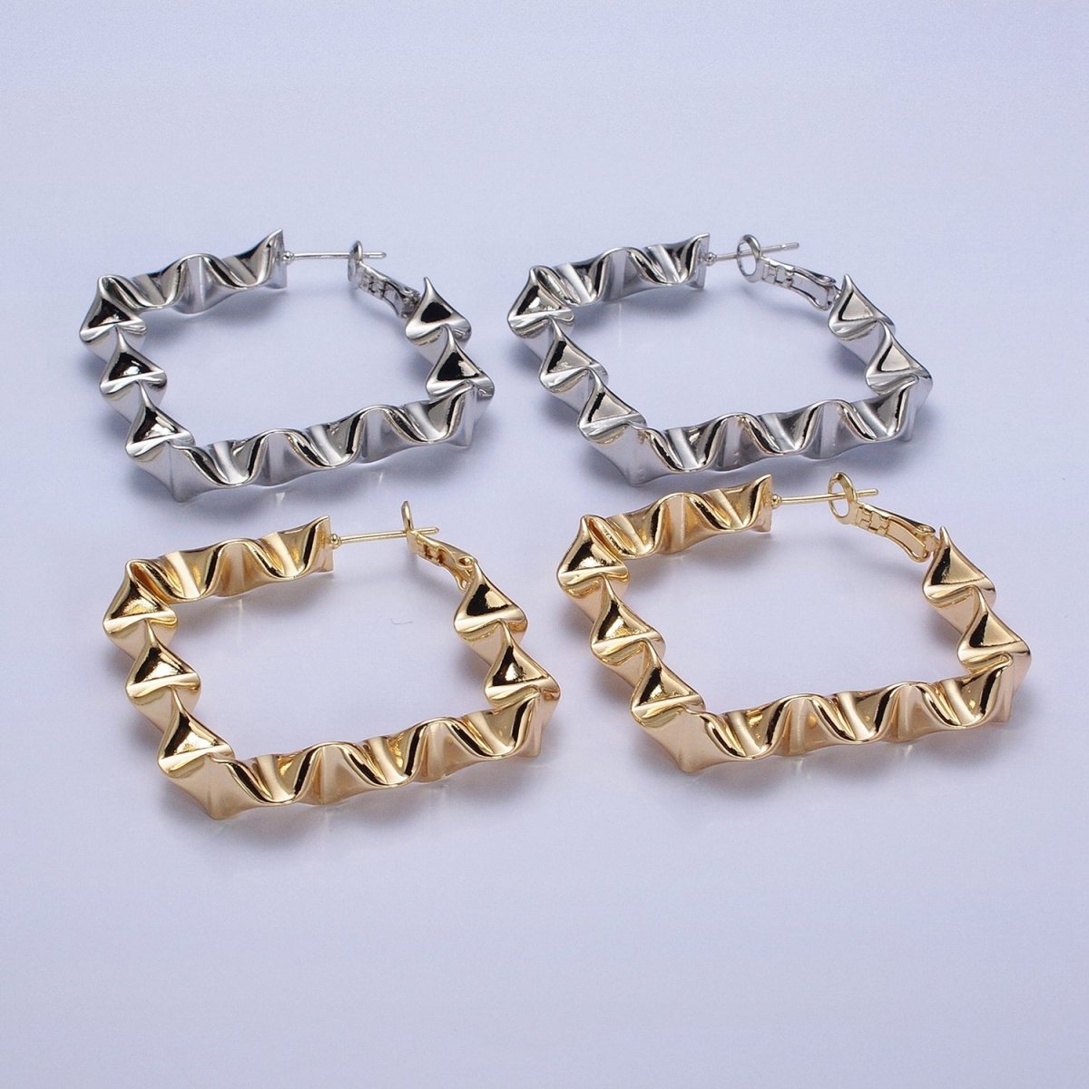Gold Wavy Rhombus Hoops Lever Back Hoops Statement Gold Hoops 16K Gold plated Earring 41mm AD996 AD997