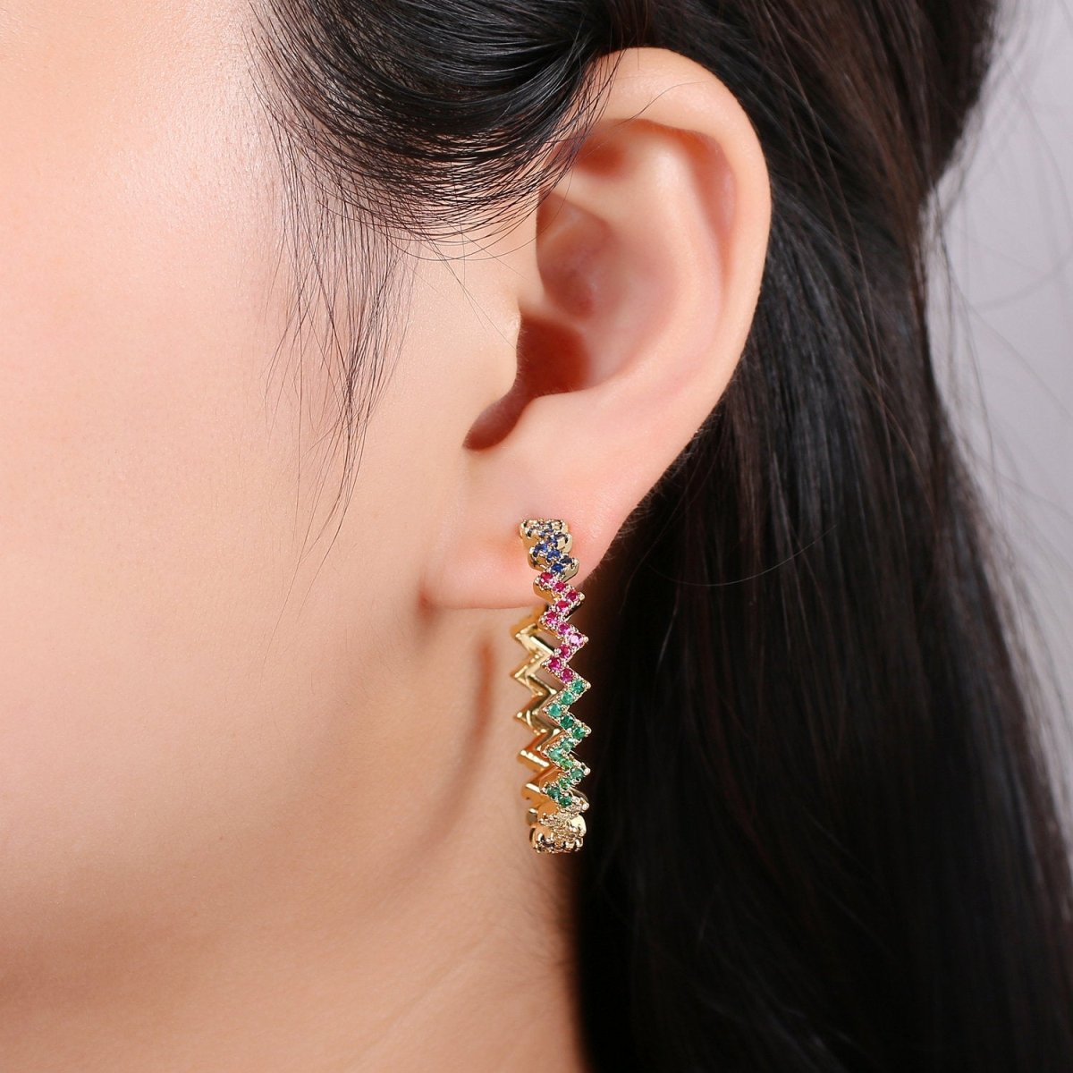 Gold Zig-Zag Hoop Earrings, Ziggy Open Hoop Earring Chevron Micro Pave Earring 14k Gold plated Earring K-570 K-571 - DLUXCA