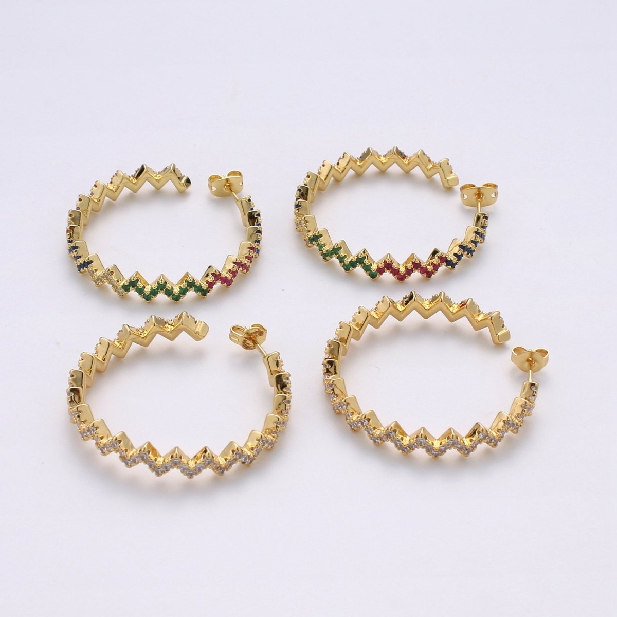 Gold Zig-Zag Hoop Earrings, Ziggy Open Hoop Earring Chevron Micro Pave Earring 14k Gold plated Earring K-570 K-571 - DLUXCA