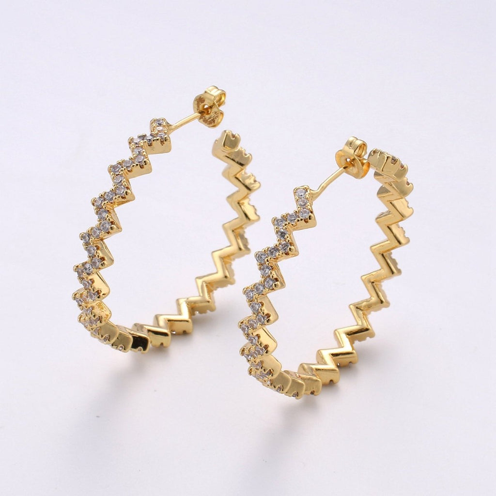 Gold Zig-Zag Hoop Earrings, Ziggy Open Hoop Earring Chevron Micro Pave Earring 14k Gold plated Earring K-570 K-571 - DLUXCA