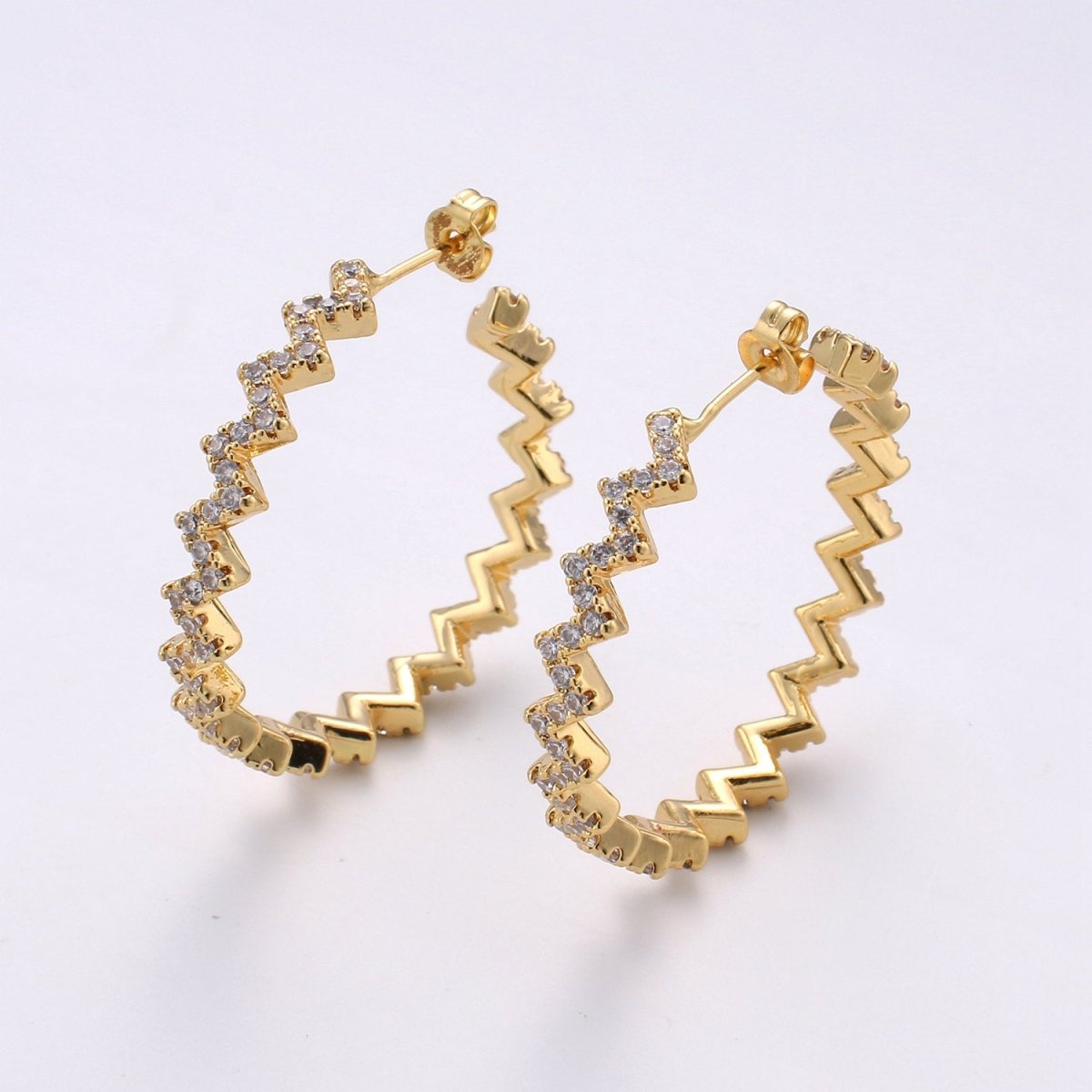 Gold Zig-Zag Hoop Earrings, Ziggy Open Hoop Earring Chevron Micro Pave Earring 14k Gold plated Earring K-570 K-571 - DLUXCA