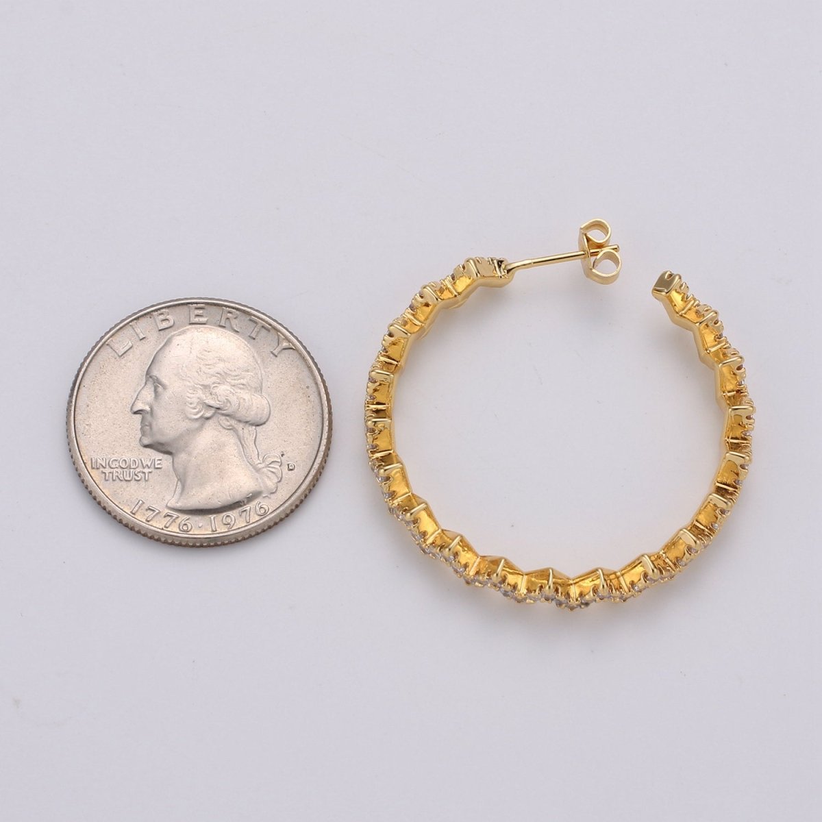 Gold Zig-Zag Hoop Earrings, Ziggy Open Hoop Earring Chevron Micro Pave Earring 14k Gold plated Earring K-570 K-571 - DLUXCA