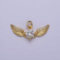 Golden Angel Wing with Round Cubic Zirconia CZ, Feather Wing Charm For Jewelry Necklace Bracelet Making E-747 - DLUXCA
