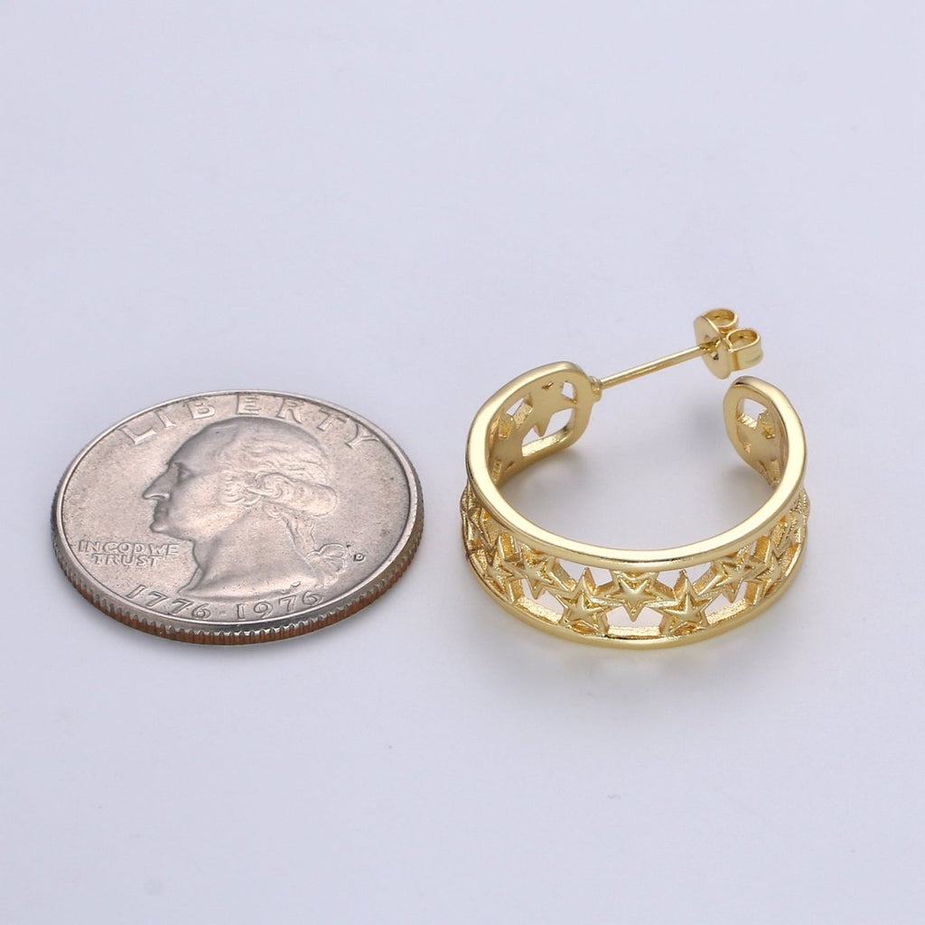 Golden Rail of Stars Huggies Earrings, Plain Gold plated Geometric Star Lane Casual Daily Wear Earring Jewelry P-062 - DLUXCA