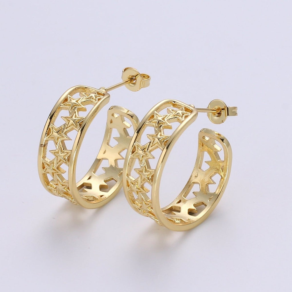 Golden Rail of Stars Huggies Earrings, Plain Gold plated Geometric Star Lane Casual Daily Wear Earring Jewelry P-062 - DLUXCA