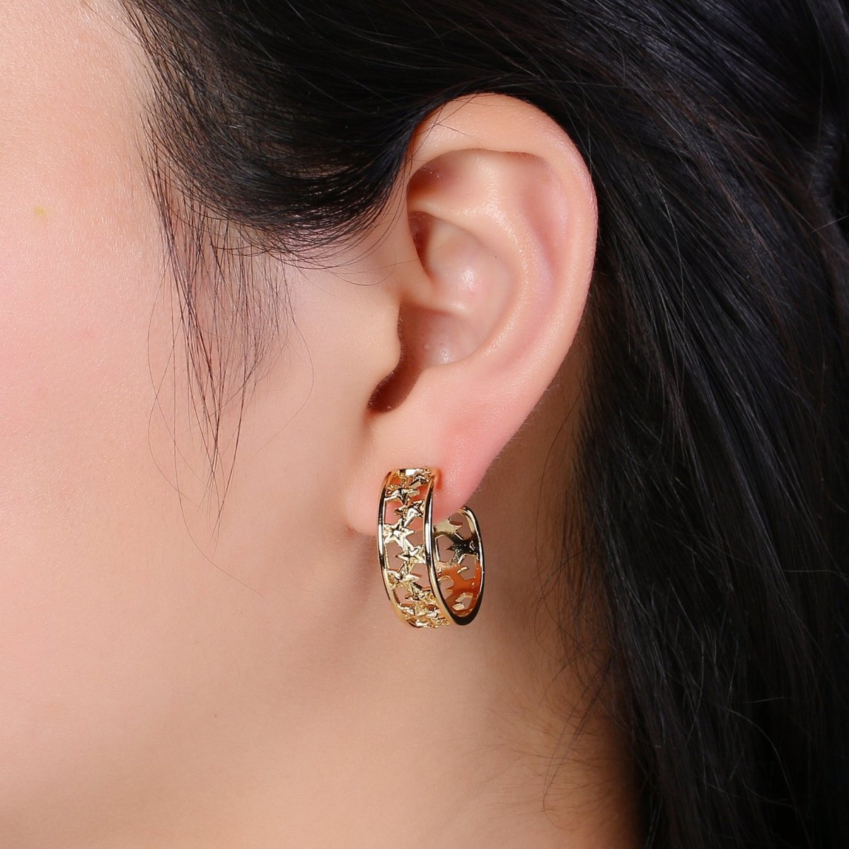 Golden Rail of Stars Huggies Earrings, Plain Gold plated Geometric Star Lane Casual Daily Wear Earring Jewelry P-062 - DLUXCA