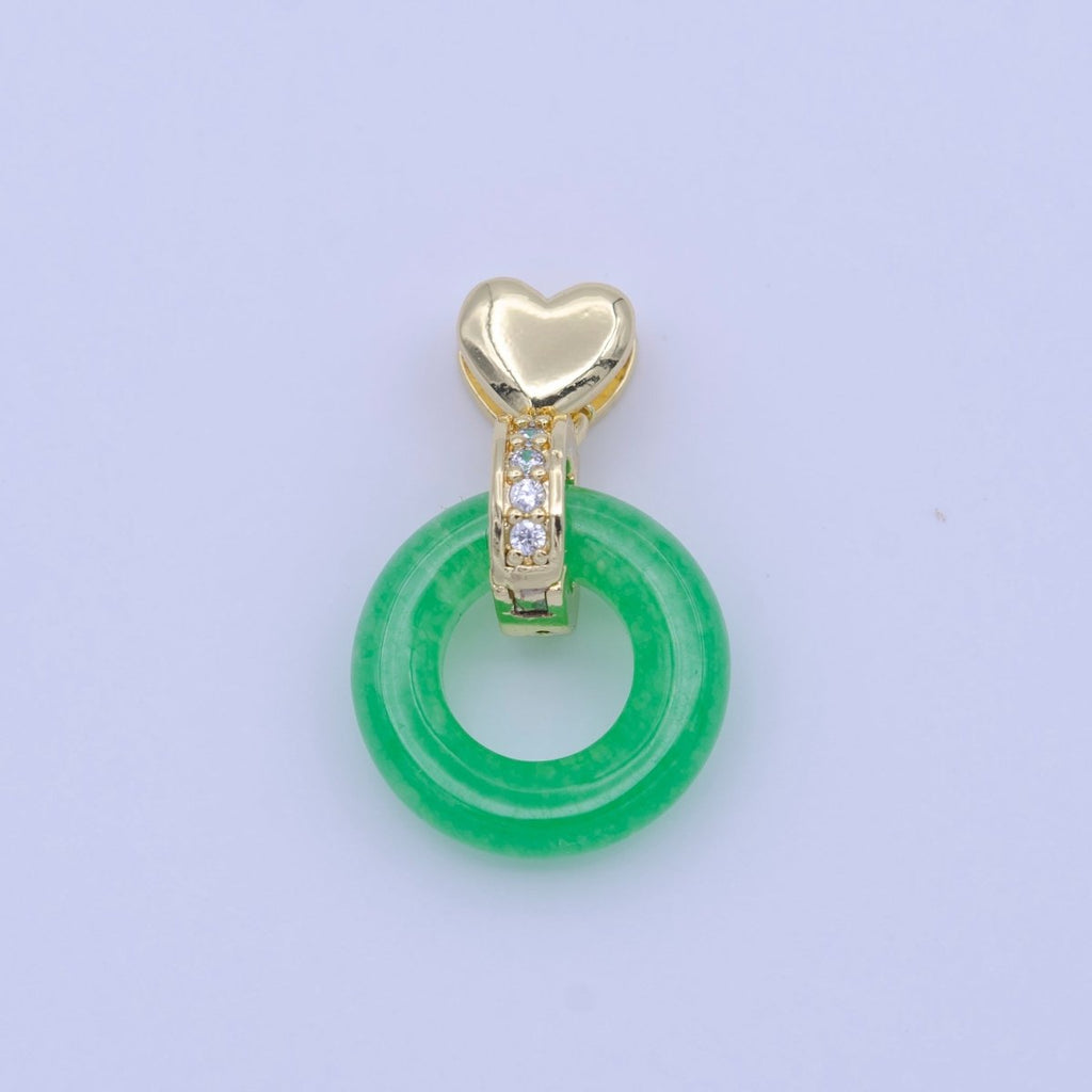 Good Fortune Green Malay Jade Donut Micro Paved CZ Gold Heart Pendant H-264 - DLUXCA