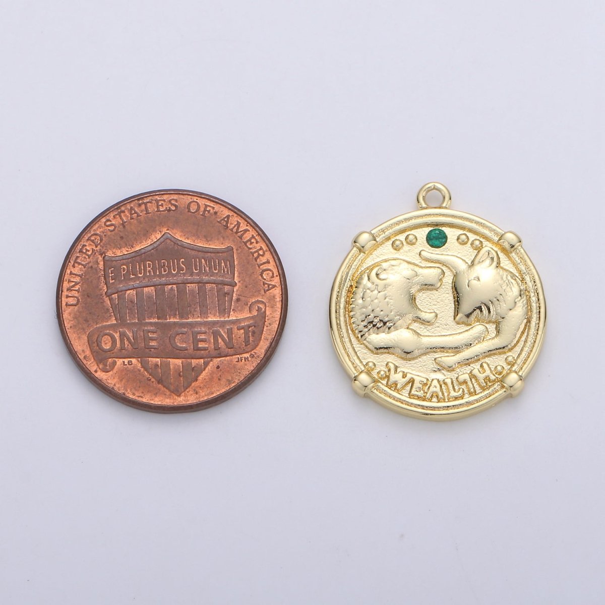 Good Luck charm "Wealth" Rustic Coin Gold plated Charm with Green Crystal C-930 - DLUXCA