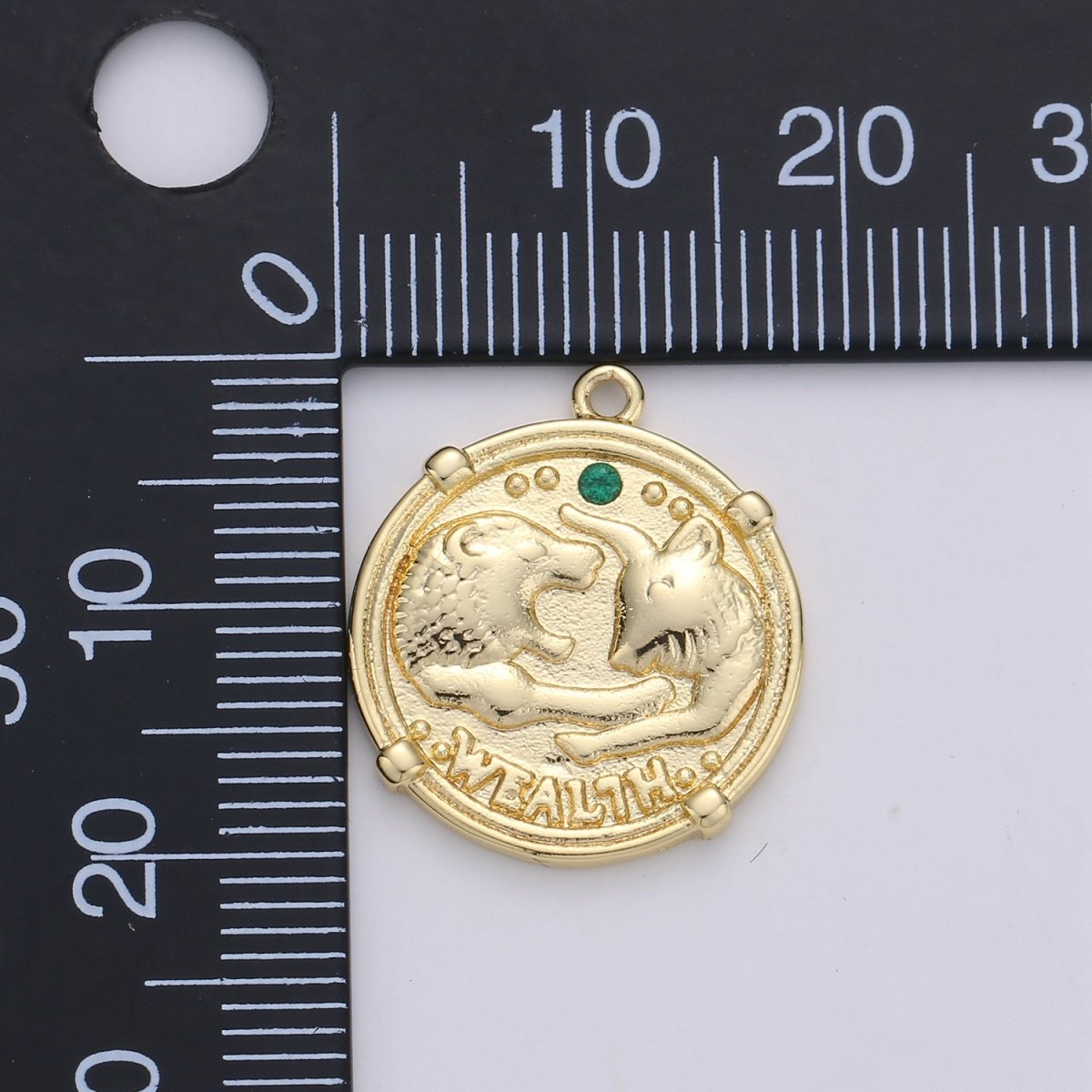 Good Luck charm "Wealth" Rustic Coin Gold plated Charm with Green Crystal C-930 - DLUXCA