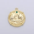 Good Luck charm "Wealth" Rustic Coin Gold plated Charm with Green Crystal C-930 - DLUXCA