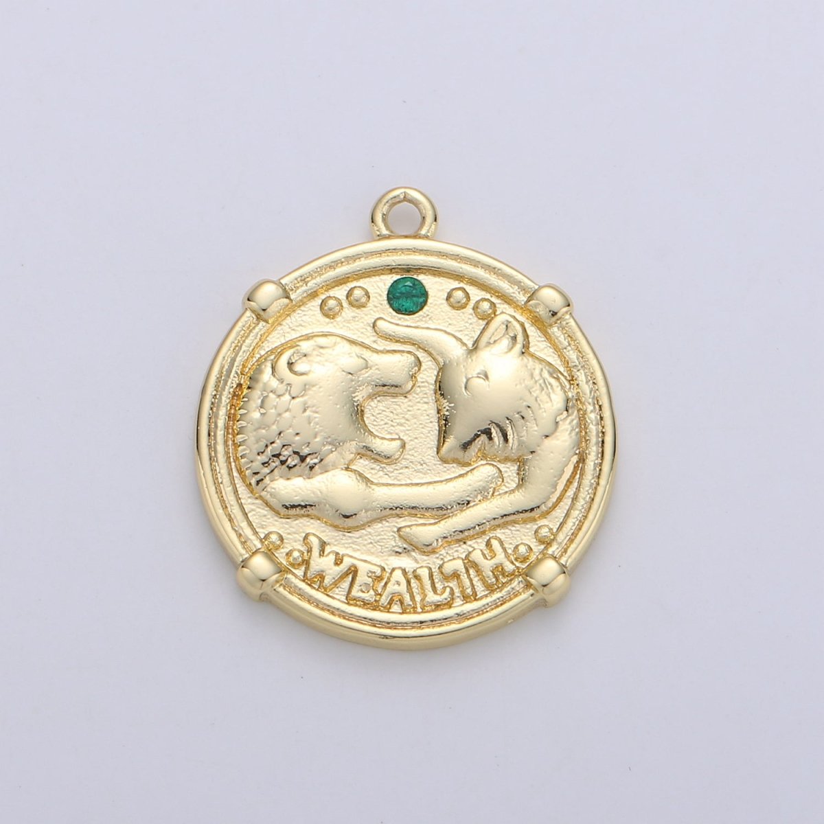 Good Luck charm "Wealth" Rustic Coin Gold plated Charm with Green Crystal C-930 - DLUXCA