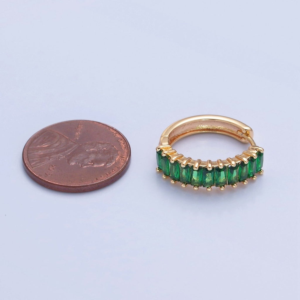 Green Baguette Hoop Earring / Pink Baguettee Hoop Earring in 18k Gold plated Hoop T-492 T-493