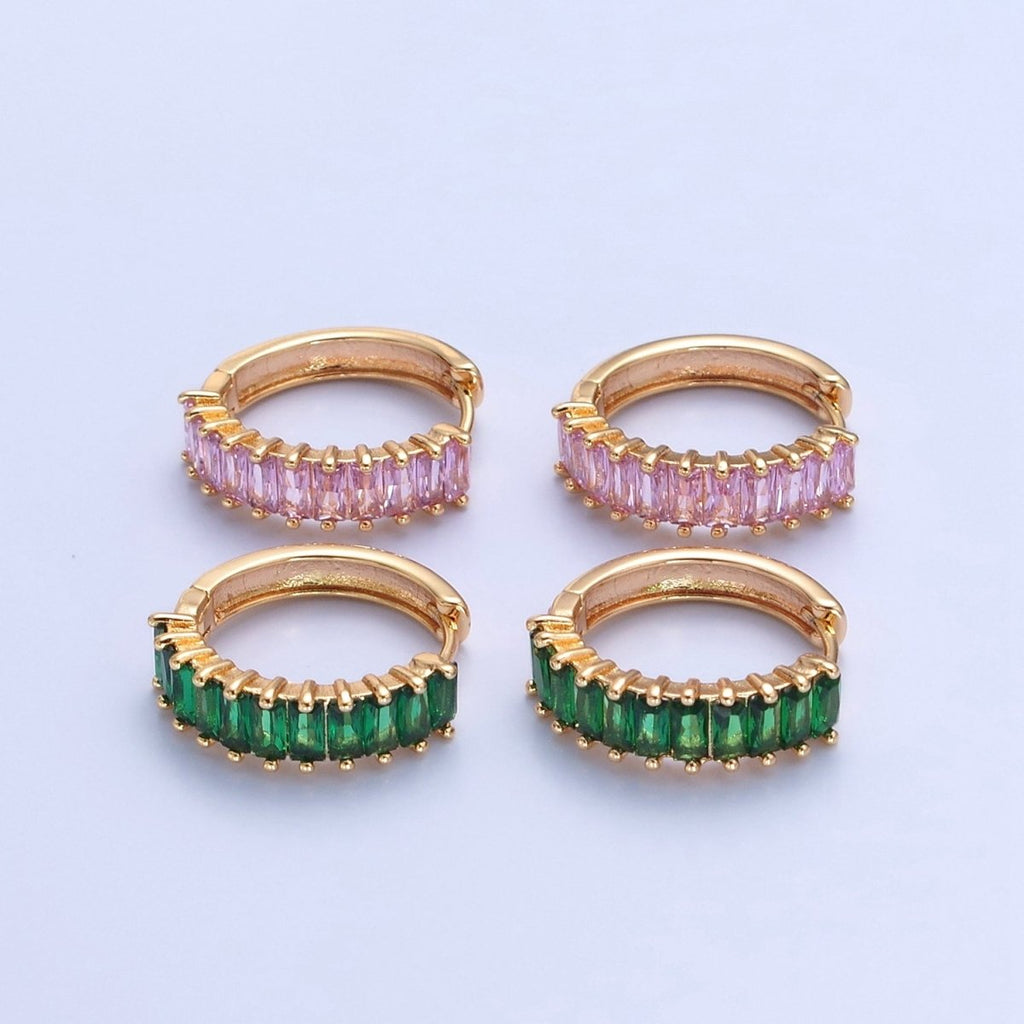 Green Baguette Hoop Earring / Pink Baguettee Hoop Earring in 18k Gold plated Hoop T-492 T-493