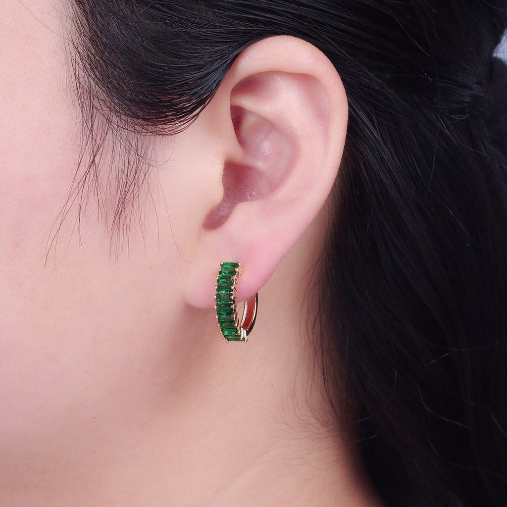 Green Baguette Hoop Earring / Pink Baguettee Hoop Earring in 18k Gold plated Hoop T-492 T-493