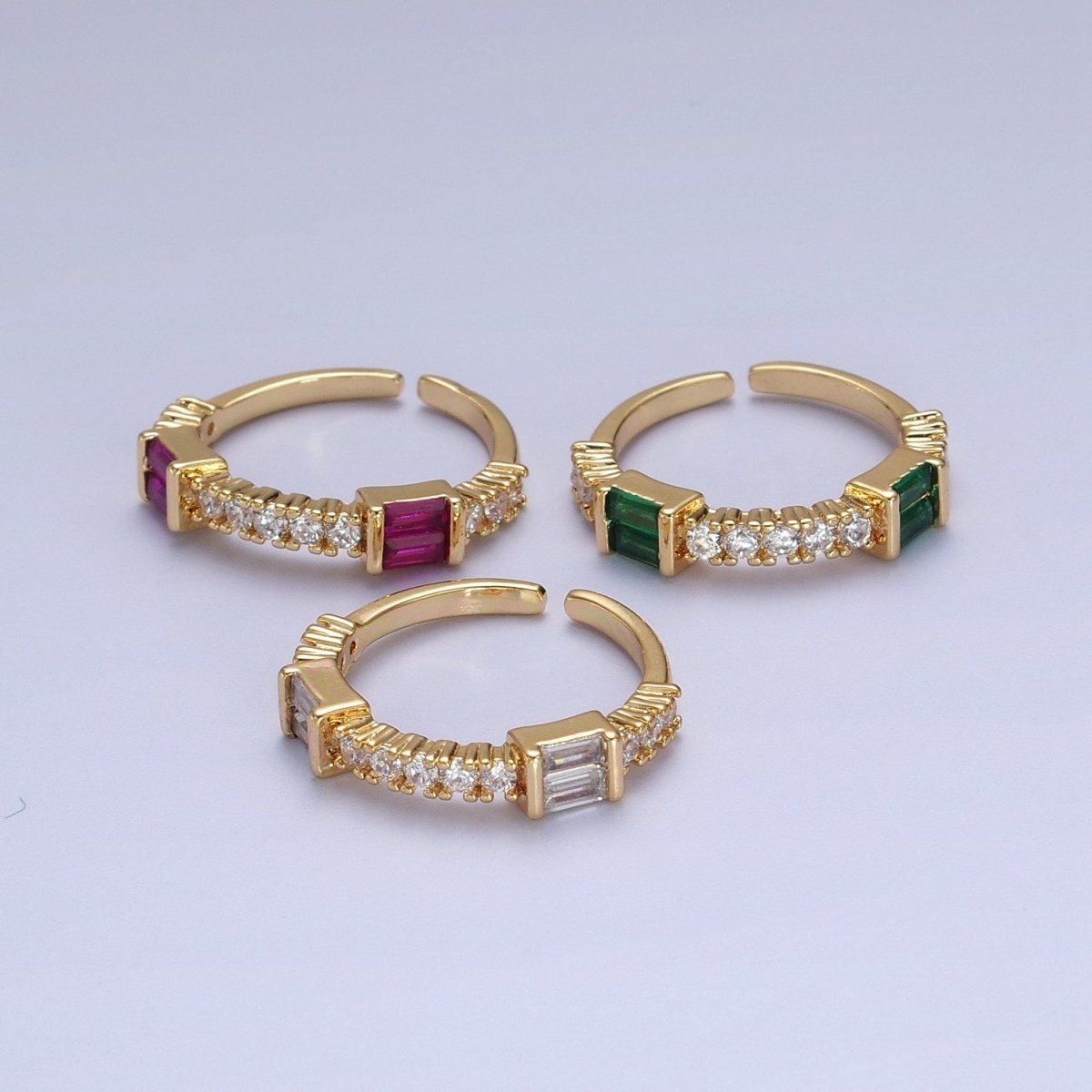 Green, Clear, Fuchsia Baguette Round Cubic Zirconia Gold Ring | O-026 O-027 O-028
