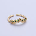 Green & Clear Micro Paved Cubic Zirconia Curved Line Crown Adjustable Gold Ring | X-586 - DLUXCA