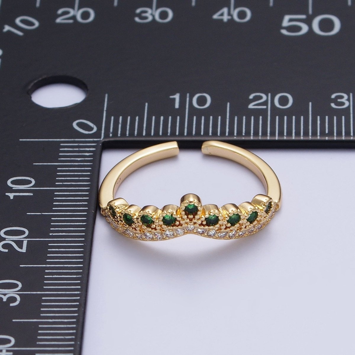 Green & Clear Micro Paved Cubic Zirconia Curved Line Crown Adjustable Gold Ring | X-586 - DLUXCA