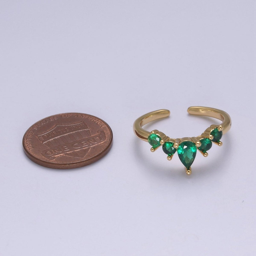 Green Crown Gold Emerald Style Ring with Cubic Zirconia Dainty Marquise CZ Adjustable Ring S-504 - DLUXCA