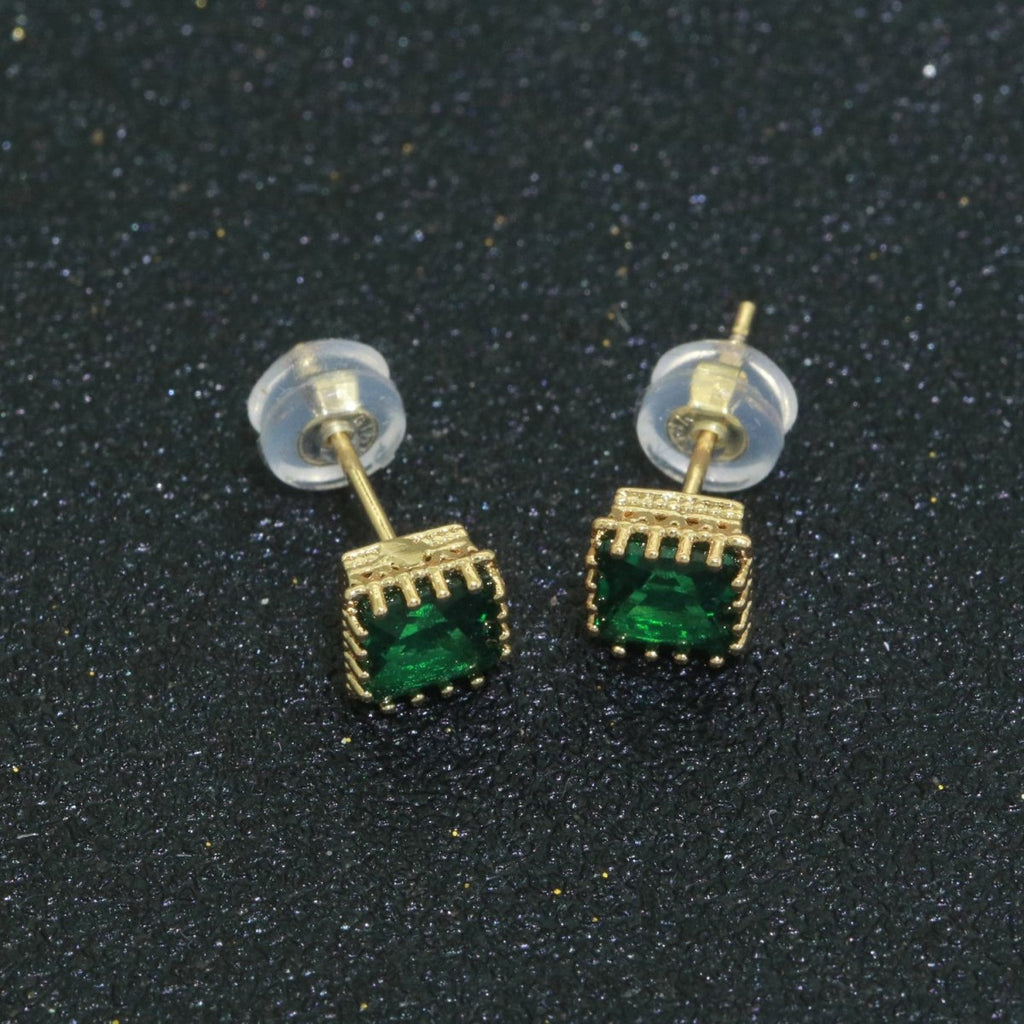 Green Emerald Stud Earring 18k Gold plated Square Stud Minimalist Earring T-144 - DLUXCA