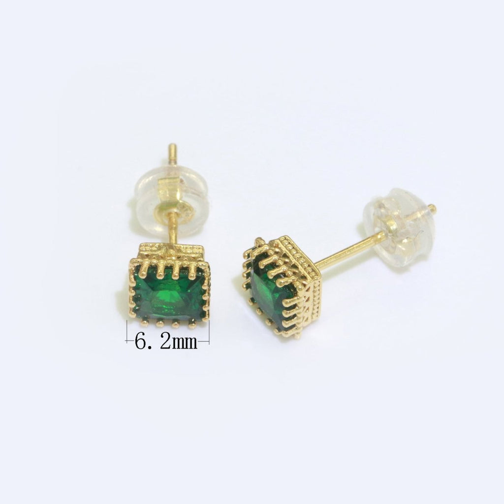 Green Emerald Stud Earring 18k Gold plated Square Stud Minimalist Earring T-144 - DLUXCA