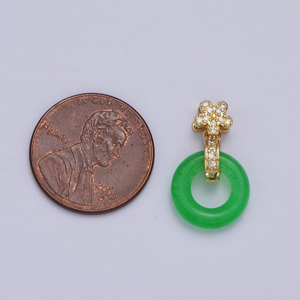 Green Malaysian Jade Donut Micro Paved CZ Gold Flower Pendant | AA010 - DLUXCA
