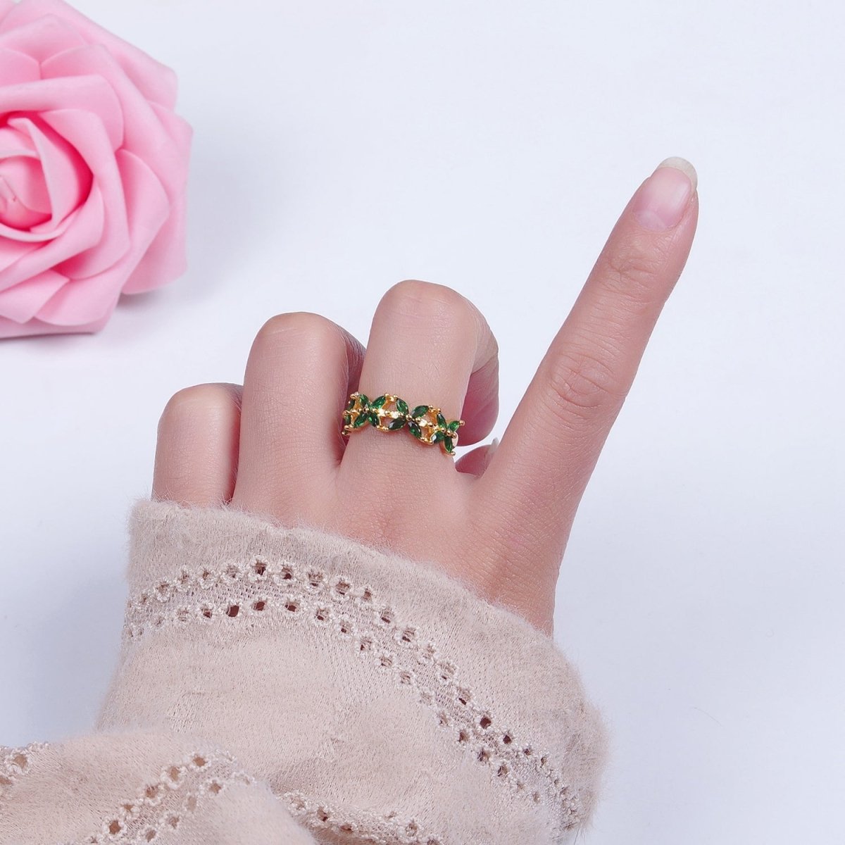 Green Marquise Flower Ring, 24K Gold plated Cubic Zirconia CZ Ring O-2297 - DLUXCA
