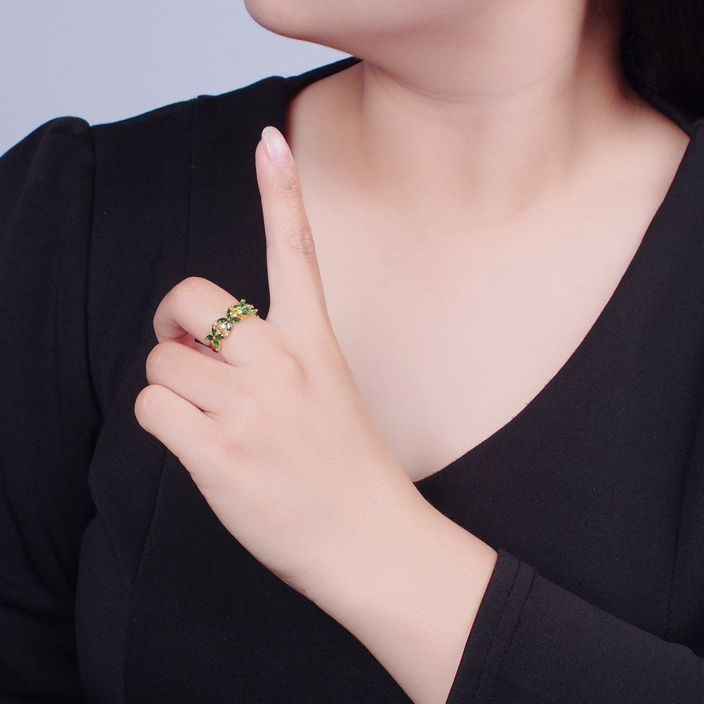 Green Marquise Flower Ring, 24K Gold plated Cubic Zirconia CZ Ring O-2297 - DLUXCA