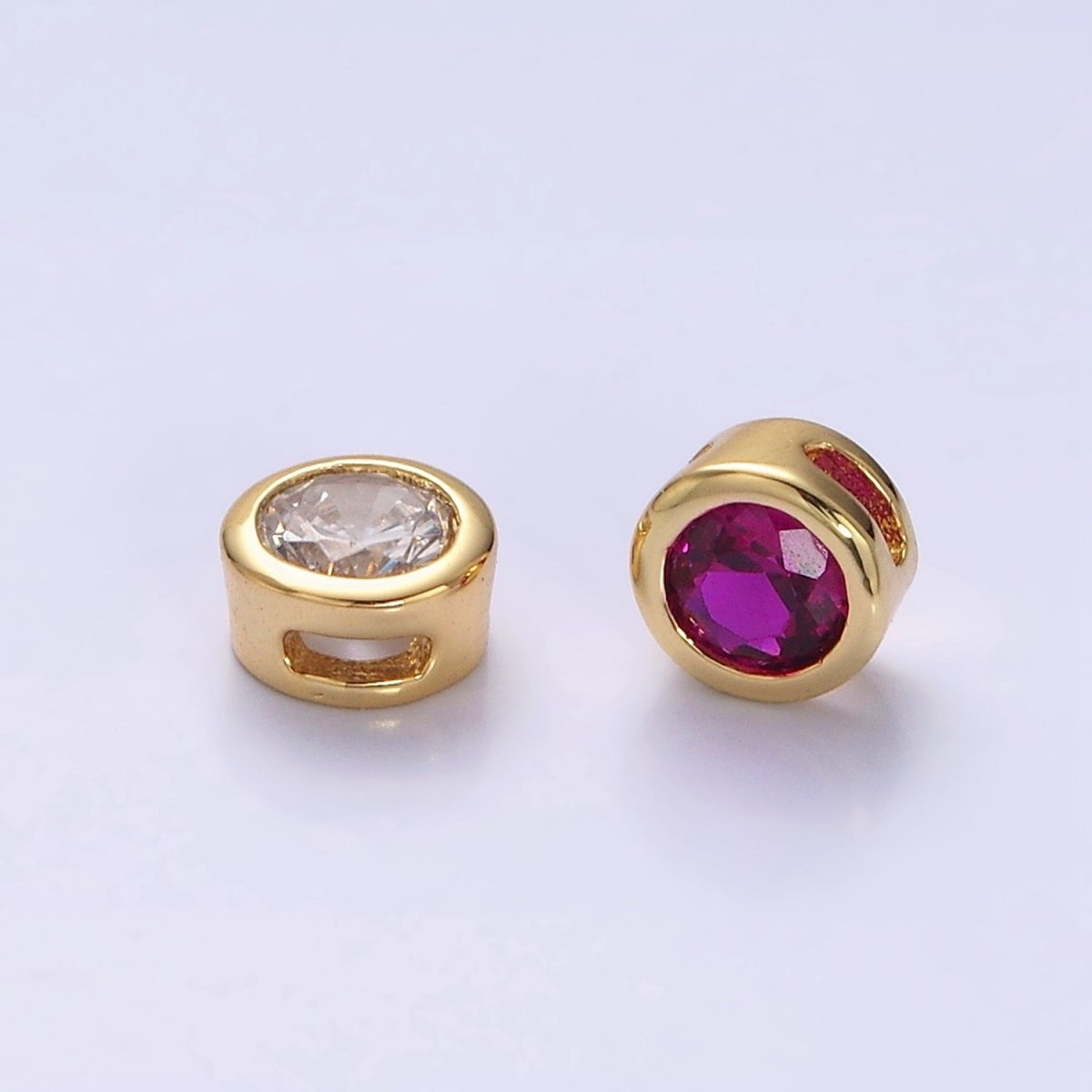 Green, Pink, Blue, Clear, Fuchsia 5.3mm Round CZ Bezel Gold Spacer Bead | B-827 B-828 B-829 B-830 B-831 - DLUXCA
