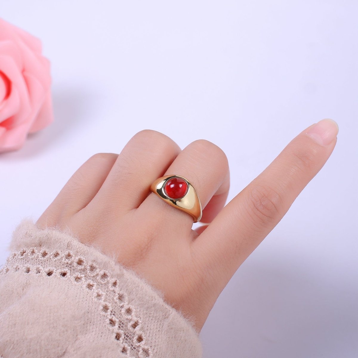 Green / Red Gem Stone Gold Dome Ring Open Adjustable Jewelry U-224 U-225