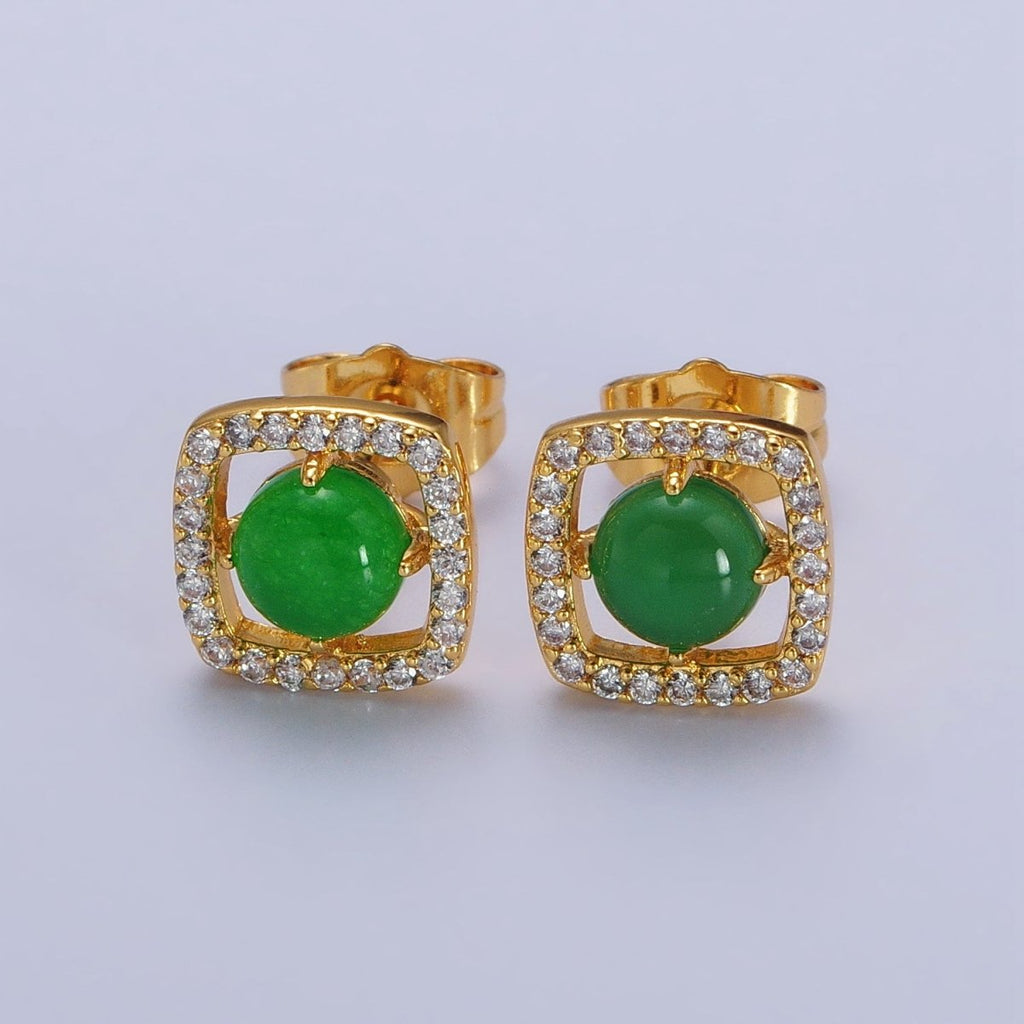 Green, Red Round Jade Micro Paved CZ Square Frame Geometric Stud Earrings | AB115 AB116